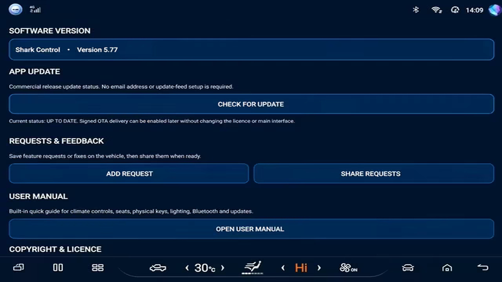 Shark Control version 5.77 and update screen on the BYD Shark head unit