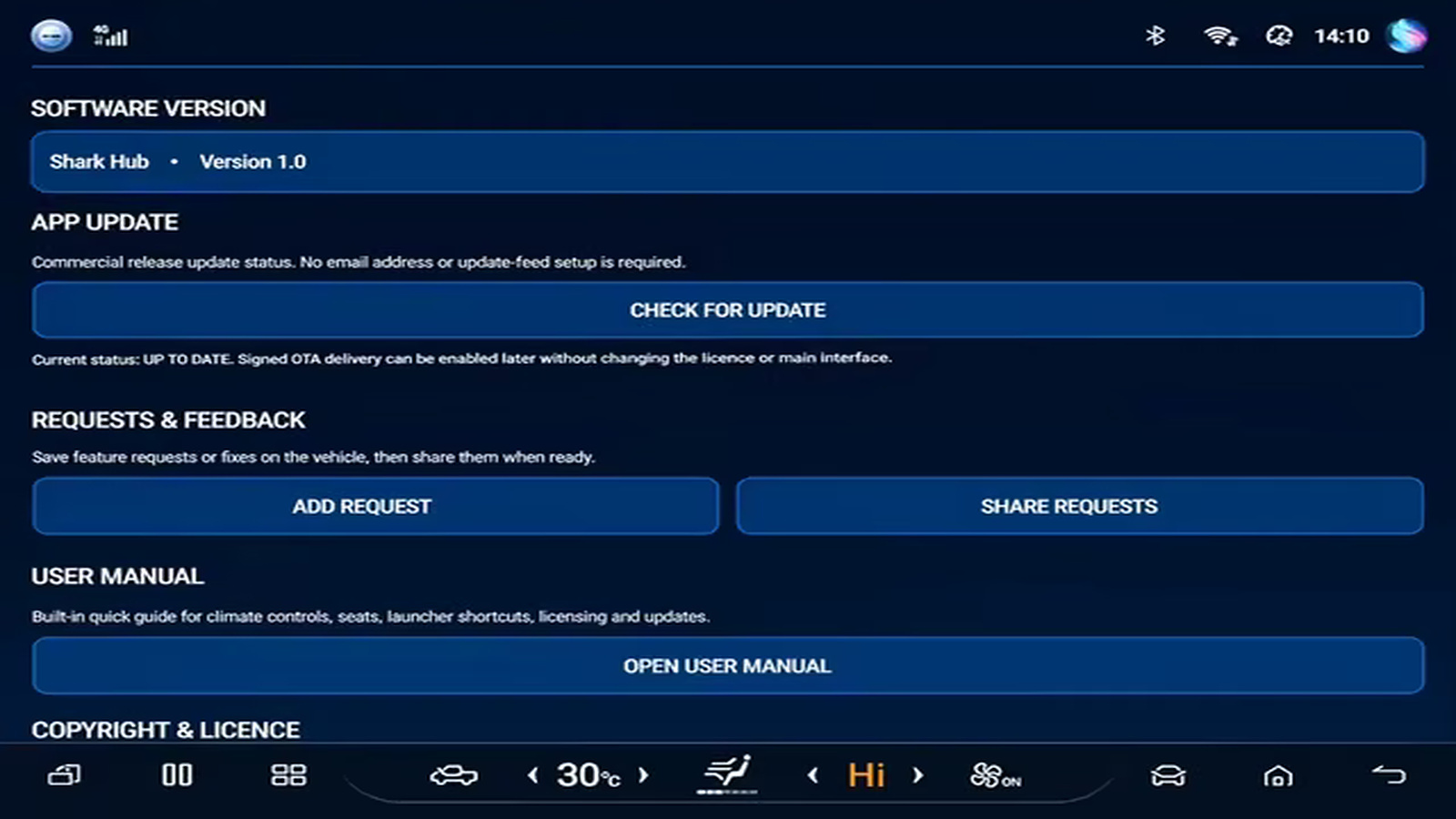 Shark Hub version and update screen on the BYD Shark head unit